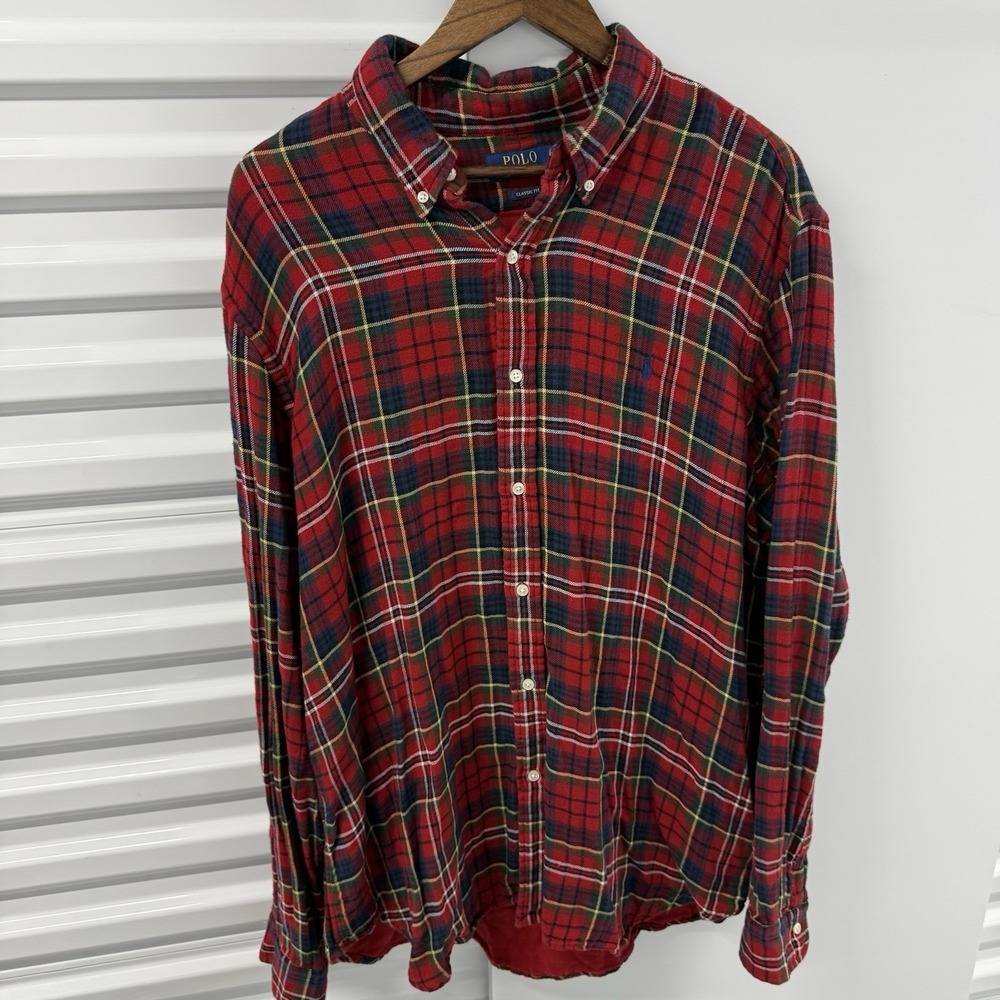 Polo Ralph Lauren Plaid Flannel Shirt XXL Classic Fit Red Green Button Up